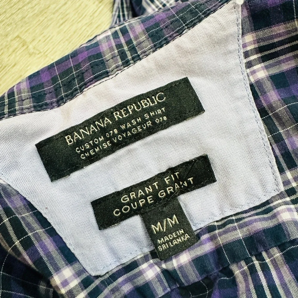 Banana Republic Shirt Men's Medium Blue Purple Grant Fit Plaid Button Down Shirt